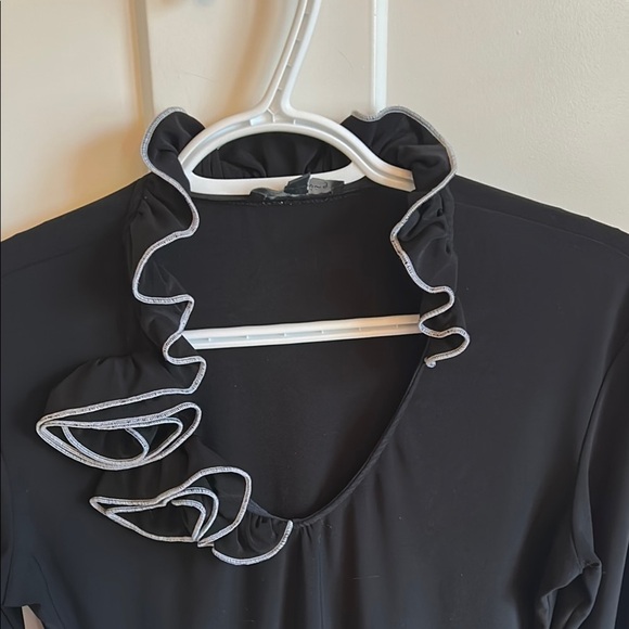 Black Ruffled Rosette Neck Asymmetrical 3/4 Sleeve Top, made in Canada, size M - Picture 2 of 5